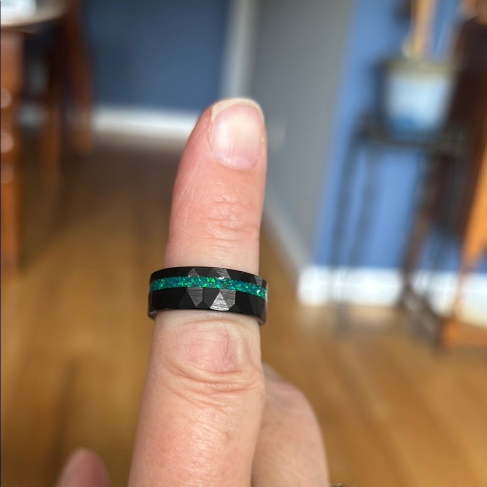 The Tyler Black - Green Opal / Tungsten Men's Wedding Band Hammered